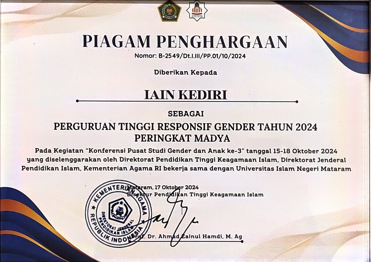 IAIN KEDIRI RAIH PENGHARGAAN PERGURUAN TINGGI RESPONSIF GENDER AWARDS 2024 PERINGKAT MADYA